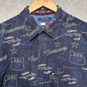 VTG Y2K Tommy Hilfiger Jeans Mens Corduroy All Over Logo Button Up Shirt Size L